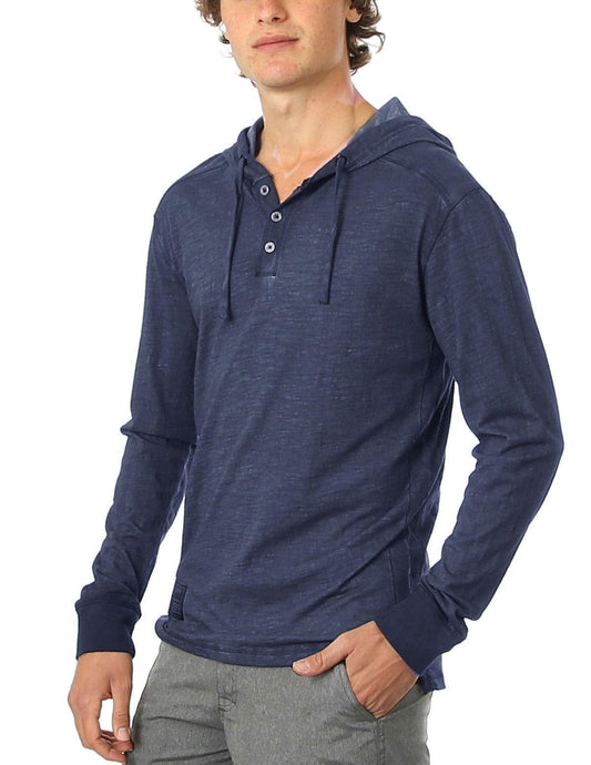 Men's Long Sleeve Navy Vintage Oil Wash Garment Dye Hooded Henley Shirt - Lovez Aqua© - 