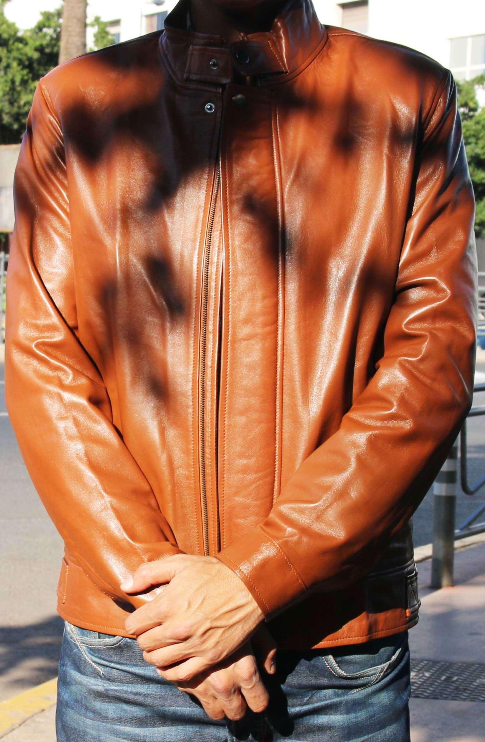 Men's Real Lamb Leather Tan Jacket With Pockets & Zipper - Lovez Aqua© - 