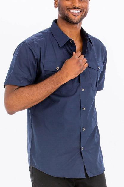 Men's Short Sleeve Navy Button Down Shirt With Dual Chest Pockets - Lovez Aqua© - 