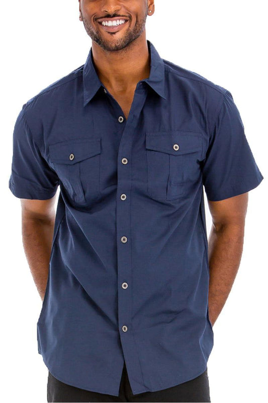 Men's Short Sleeve Navy Button Down Shirt With Dual Chest Pockets - Lovez Aqua© - 