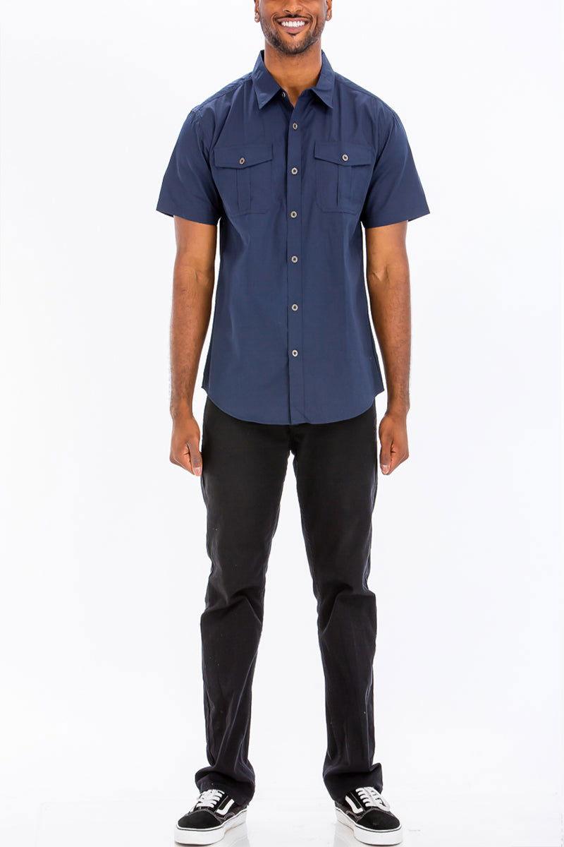 Men's Short Sleeve Navy Button Down Shirt With Dual Chest Pockets - Lovez Aqua© - 