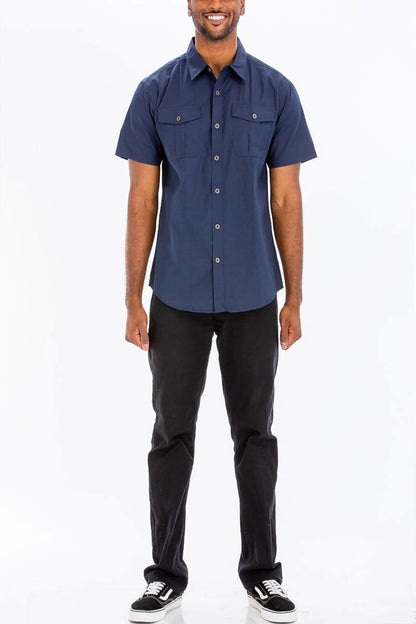 Men's Short Sleeve Navy Button Down Shirt With Dual Chest Pockets - Lovez Aqua© - 