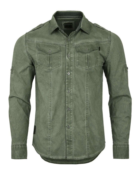 Men's Stretch Roll-Up Sleeve Khaki Vintage Washed Rugged Fashion Buttoned Shirt - Lovez Aqua© - 