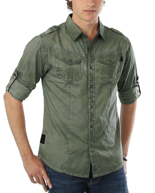 Men's Stretch Roll-Up Sleeve Khaki Vintage Washed Rugged Fashion Buttoned Shirt - Lovez Aqua© - Large