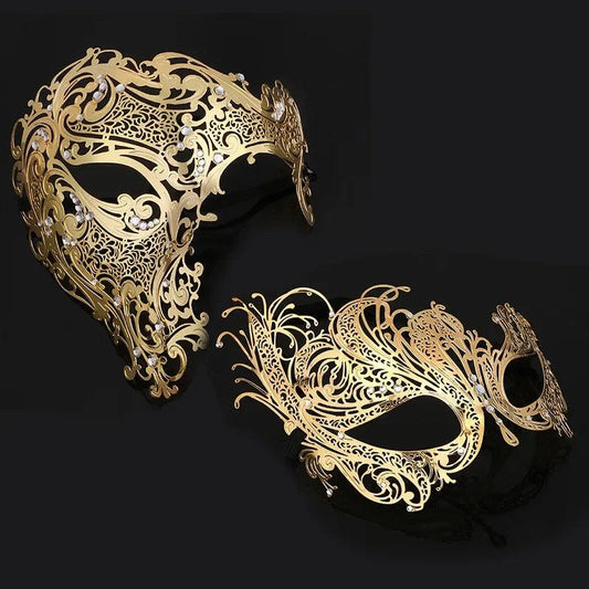 Metal Venetian Masquerade Mask Couple Set with Filigree Lace & Rhinestones - Lovez Aqua© - 1