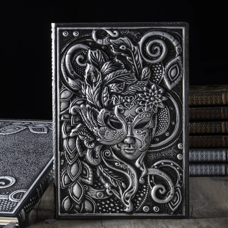 Metallic Fantasy Masquerade Peacock Woman Faux Leather A5 Hardcover Journal - Lovez Aqua© - Silver