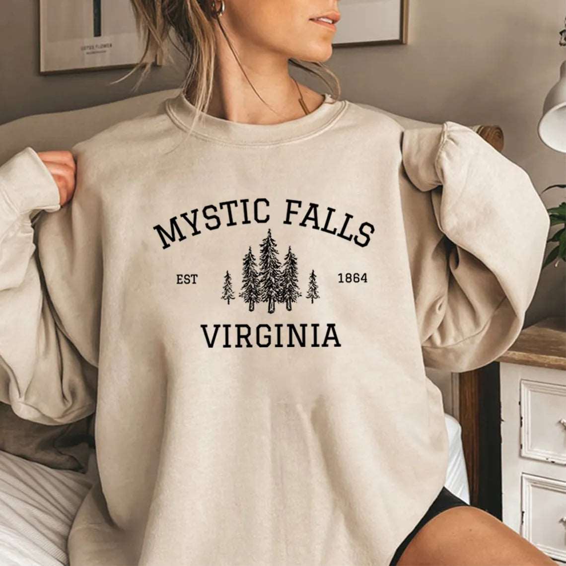"Mystic Falls Virginia Est 1864" Vampire Diaries Women's Pullover Sweatshirt - The Vampire Diaries - Khaki / S