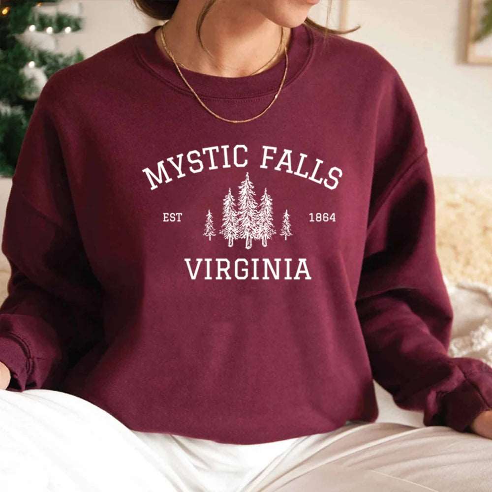 "Mystic Falls Virginia Est 1864" Vampire Diaries Women's Pullover Sweatshirt - The Vampire Diaries - Burgundy / S