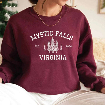 "Mystic Falls Virginia Est 1864" Vampire Diaries Women's Pullover Sweatshirt - The Vampire Diaries - Burgundy / S