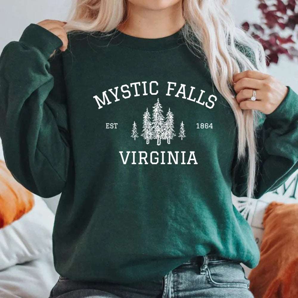 "Mystic Falls Virginia Est 1864" Vampire Diaries Women's Pullover Sweatshirt - The Vampire Diaries - Dark Green / S