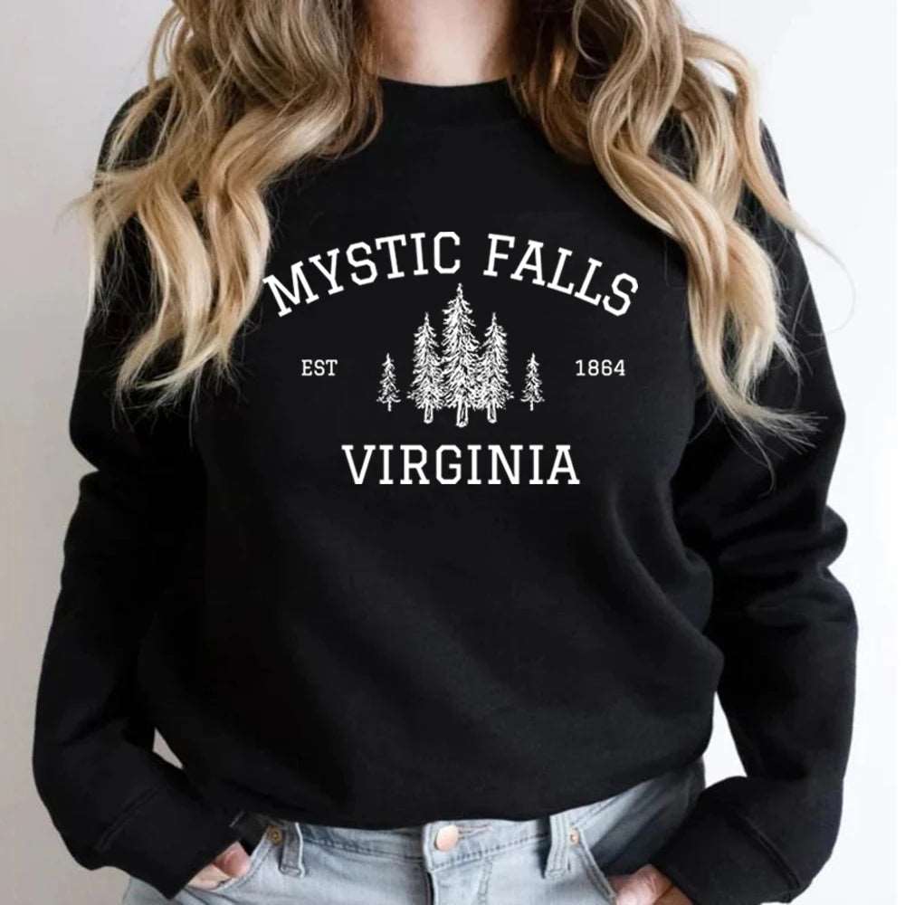 "Mystic Falls Virginia Est 1864" Vampire Diaries Women's Pullover Sweatshirt - The Vampire Diaries - Black / S