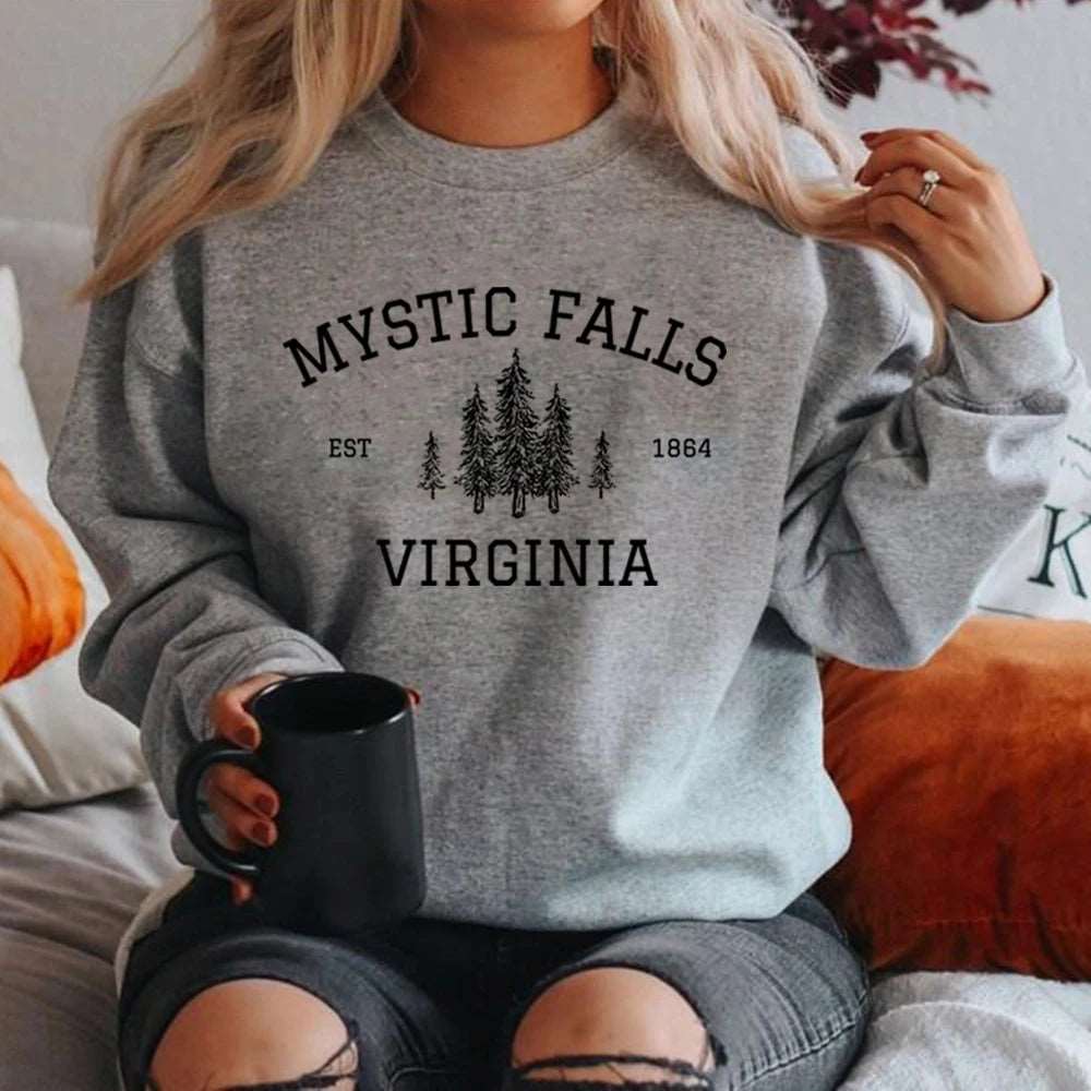 "Mystic Falls Virginia Est 1864" Vampire Diaries Women's Pullover Sweatshirt - The Vampire Diaries - Gray / S
