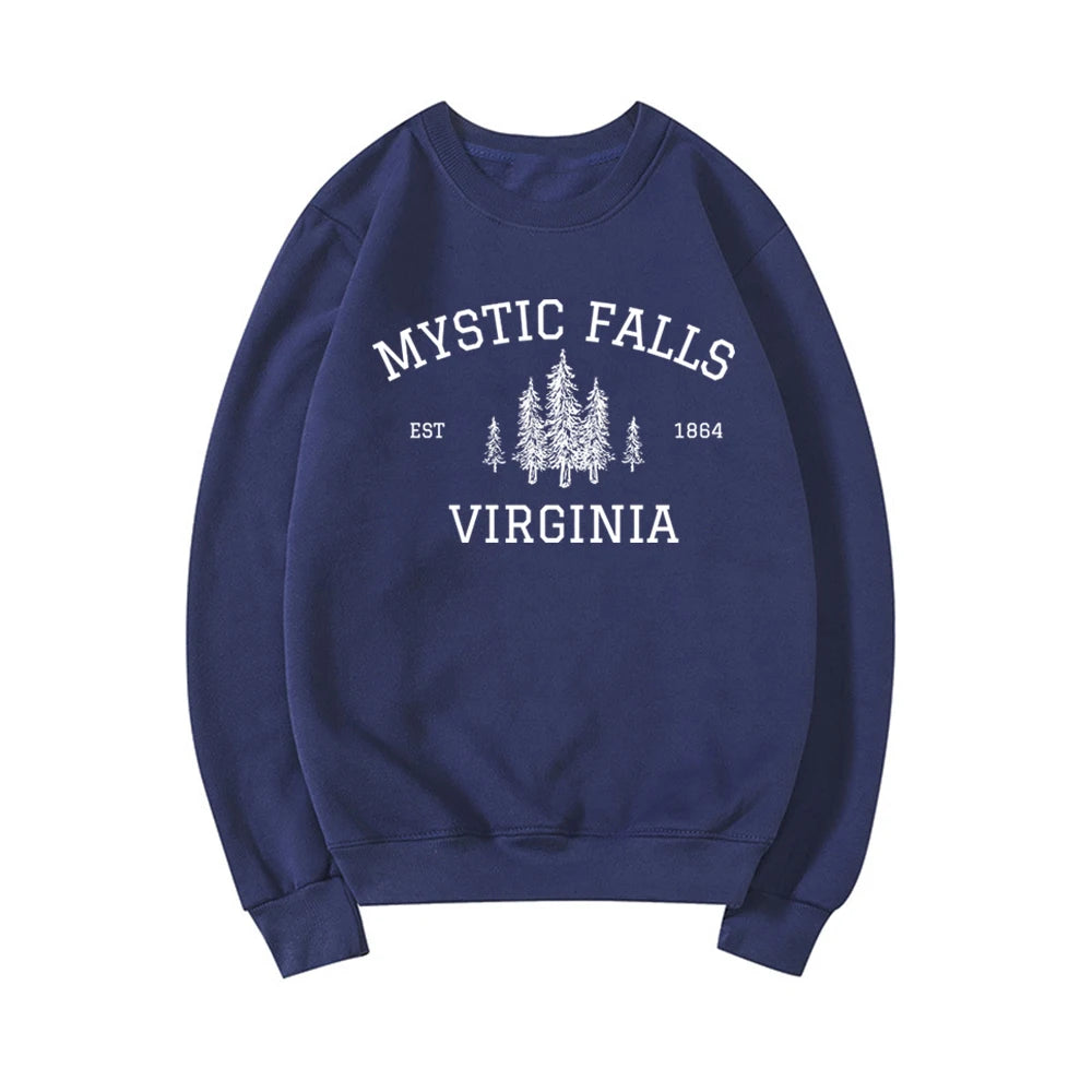 "Mystic Falls Virginia Est 1864" Vampire Diaries Women's Pullover Sweatshirt - The Vampire Diaries - Navy Blue / S
