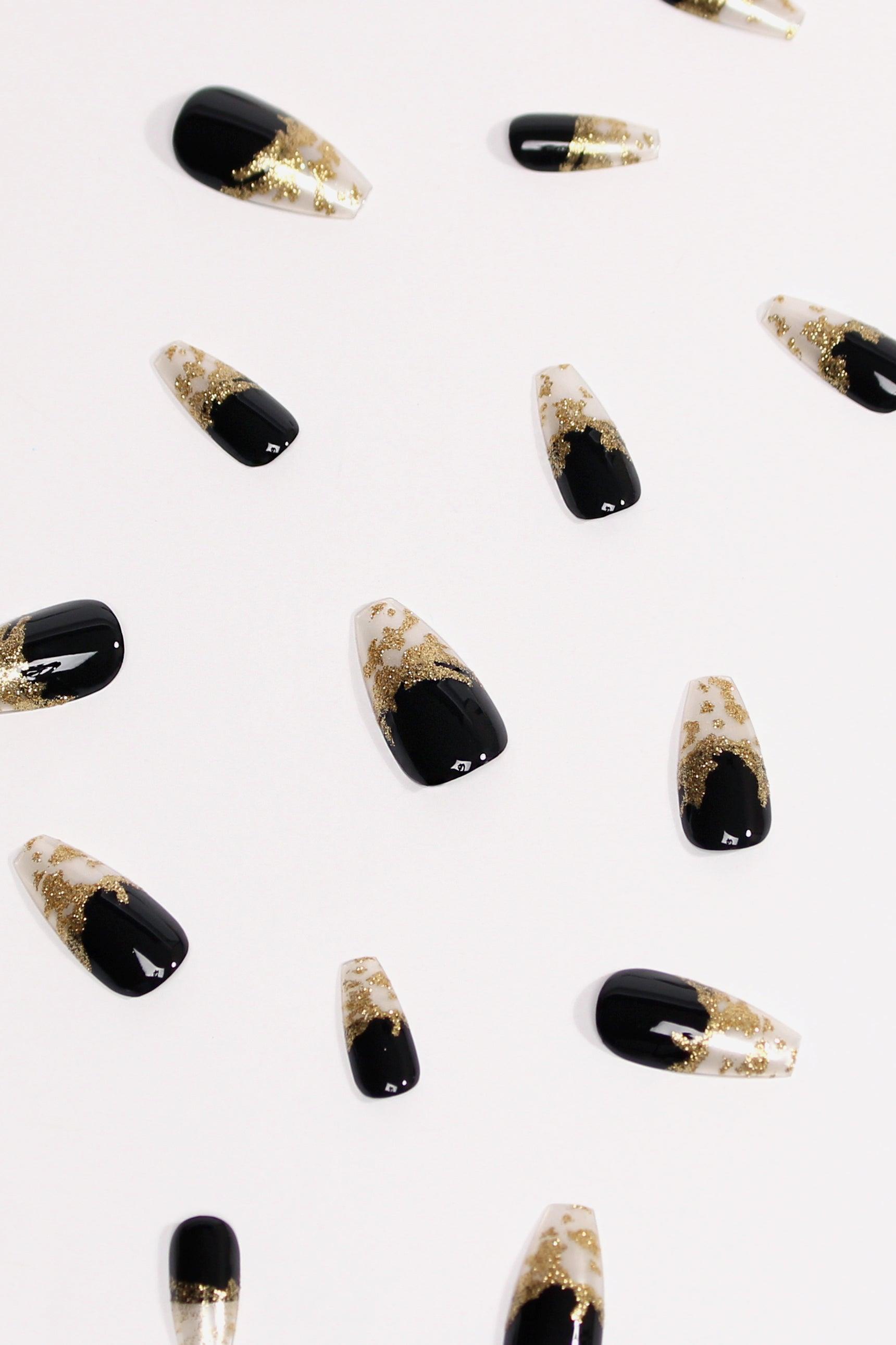 Party Sparkle - Black & Gold Leaf Soft & Durable Press-On Nails (28 Pack) - Lovez Aqua© - 