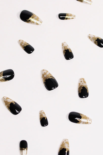 Party Sparkle - Black & Gold Leaf Soft & Durable Press-On Nails (28 Pack) - Lovez Aqua© - 