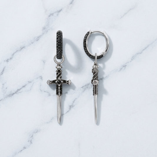 Women’s & Men’s 925 Sterling Silver Gothic Sword Huggie Hoop Medieval Dagger Earrings
