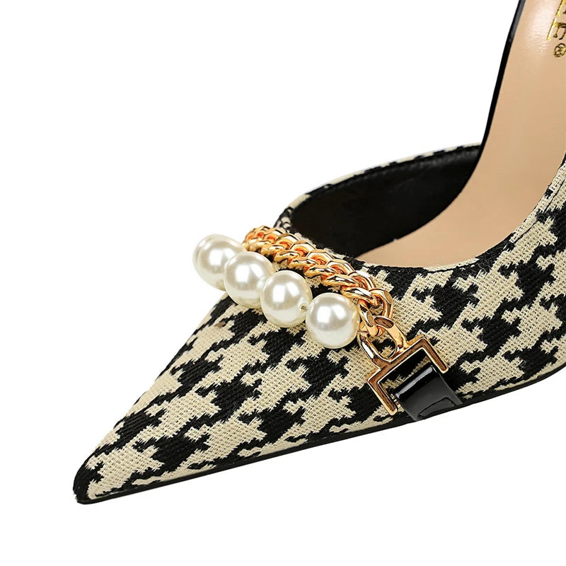Vintage Plaid Checkered Women's Stiletto High Heels with Pearl & Chain Detail
