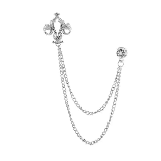 Elegant Fleur de Lis Men's Tassel Chain Brooch Pin with Rhinestone Embellishment - Lovez Aqua© - Silver