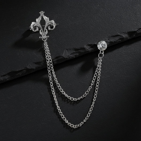 Elegant Fleur de Lis Men's Tassel Chain Brooch Pin with Rhinestone Embellishment - Lovez Aqua© - Silver