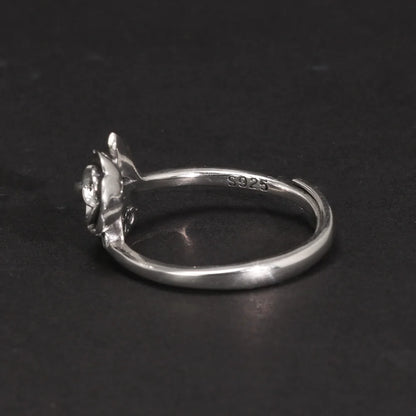 S925 Sterling Silver Vintage Rose Adjustable Women's Ring with Black Zircon