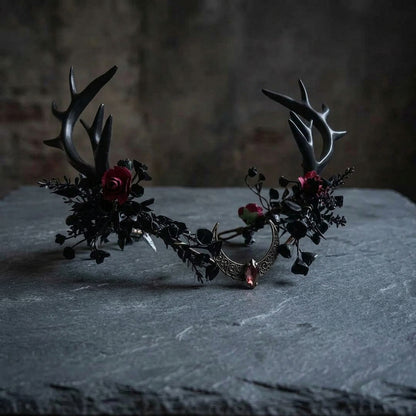 black antler crown, deer antler headpiece, woodland witch crown, gothic forest headpiece, dark fairy crown, witch headdress, forest witch accessories, woodland goddess crown, dark fae headpiece, nature inspired crown, Renaissance faire headpiece, druid costume crown, pagan inspired headpiece, forest nymph crown, healer costume accessory, handfasting headpiece, gothic floral crown, black deer horns, fantasy antler crown, woodland wedding crown