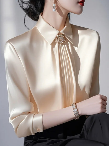 Elegant Champagne Gold Satin Women's Blouse with Pleated Front & Pearl Brooch