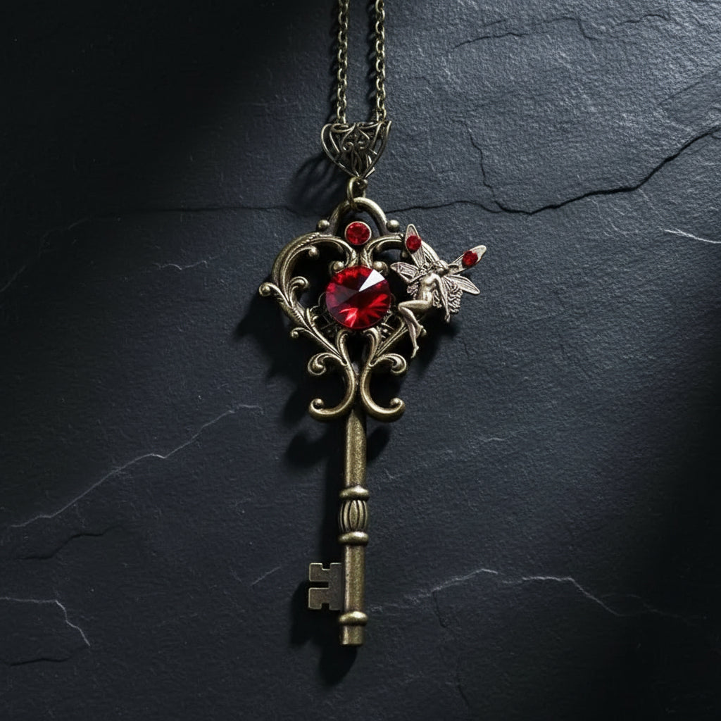 Women’s Vintage Fairy Key Pendant Necklace | Red Zircon Butterfly Charm