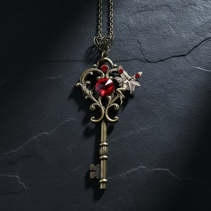 Women’s Vintage Fairy Key Pendant Necklace | Red Zircon Butterfly Charm