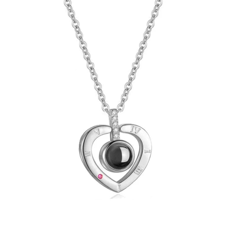 Romantic Love Heart Necklace 100 Languages I Love You Projection Necklace - Lovez Aqua© - Silver Heart