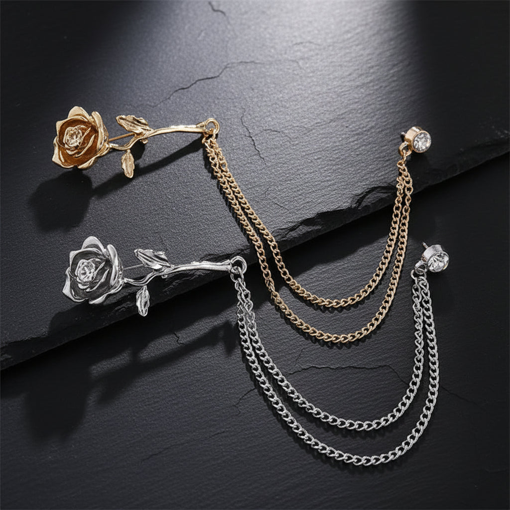 rose lapel chain, rhinestone flower pin, draped chain brooch, formal rose accessory, suit flower jewellery, romantic lapel pin, vintage rose badge, collar chain brooch, blazer rose pin, metal flower brooch, dress brooch accessory, chain tassel pin, rose suit jewellery, gothic floral pin