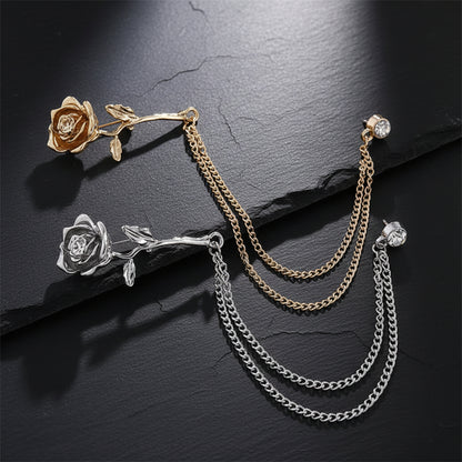 rose lapel chain, rhinestone flower pin, draped chain brooch, formal rose accessory, suit flower jewellery, romantic lapel pin, vintage rose badge, collar chain brooch, blazer rose pin, metal flower brooch, dress brooch accessory, chain tassel pin, rose suit jewellery, gothic floral pin