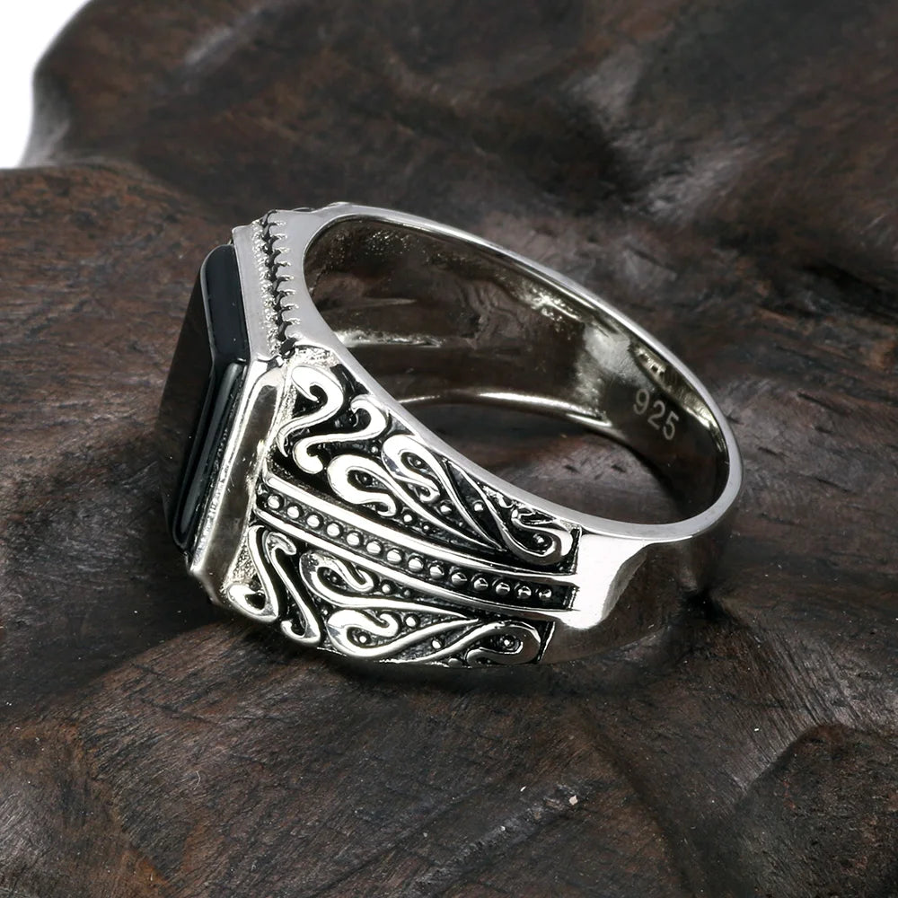 Men's Vintage S925 Sterling Silver Engraved Natural Onyx Stone Square Ring