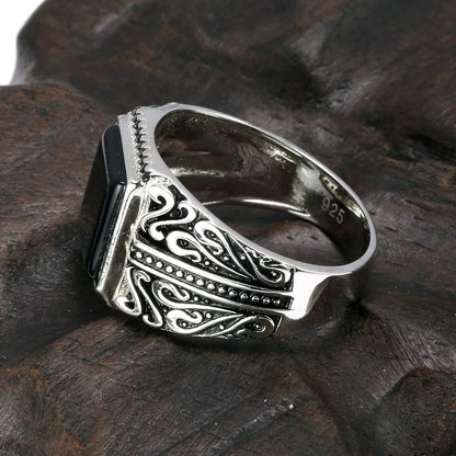 Men's Vintage S925 Sterling Silver Engraved Natural Onyx Stone Square Ring