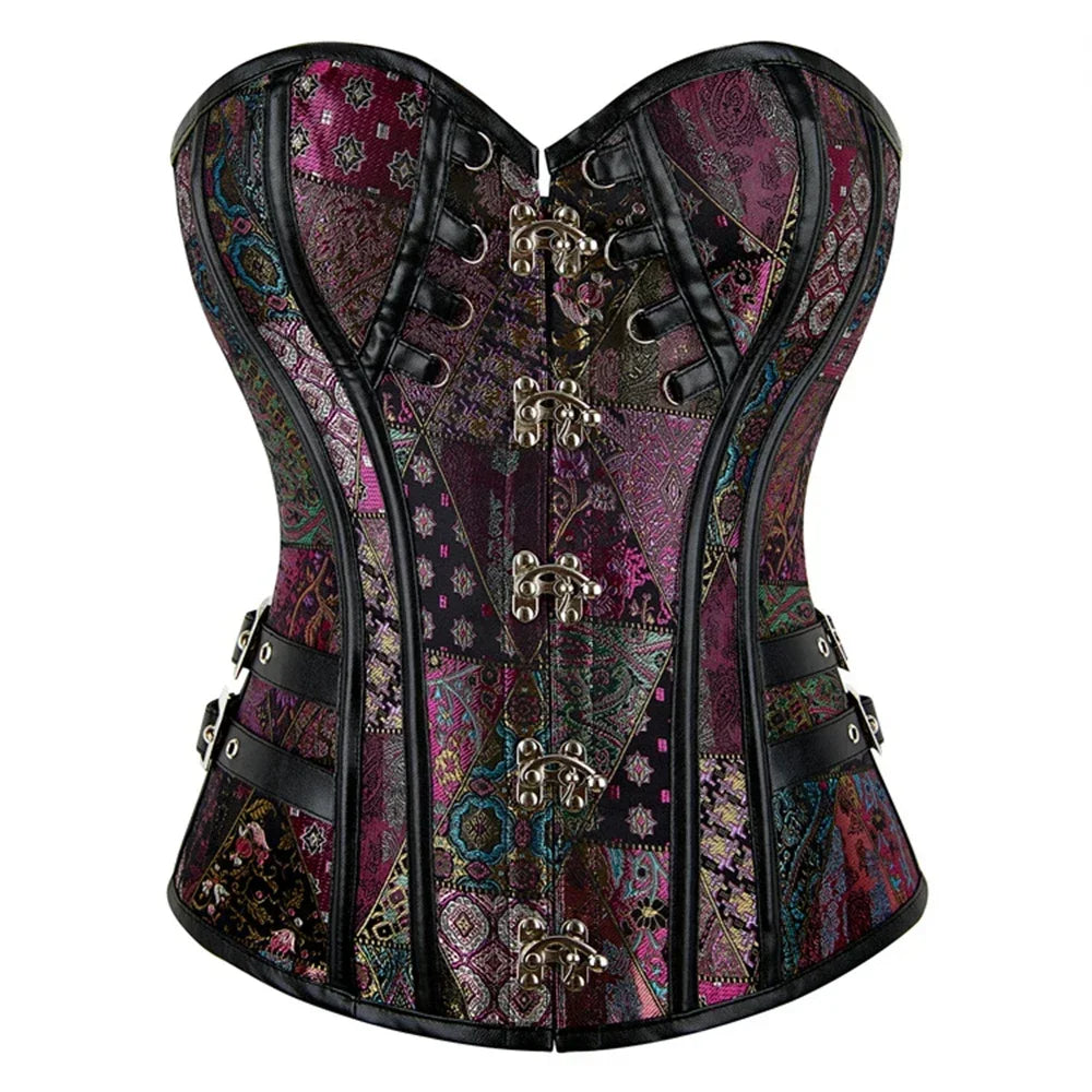 Luxury Victorian Gothic Steampunk Overbust Jacquard Bustier Lace-Up Corset