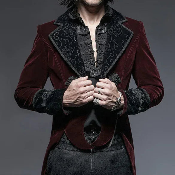 Men's Gothic Crimson Red & Black Embroidered Victorian Aristocrat Tailcoat Jacket