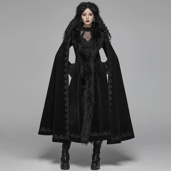 Luxury Gothic Black Embroidered Trench Coat Style Cloak with Fur Trim & Cape Sleeves