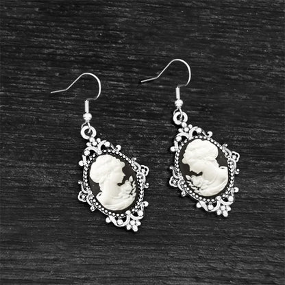Women's Victorian Cameo Antique Portrait Edwardian Silver Filigree Drop Earrings