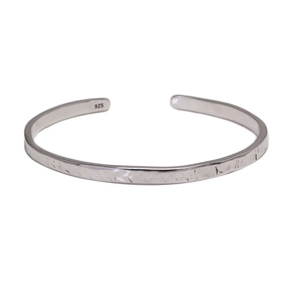 Men's S925 Sterling Silver Hammered Polished Cuff Bangle