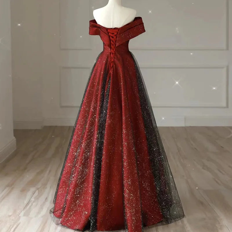 Elegant Crimson & Black Glitter Boat Neck Satin A-Line Evening Gown - Lovez Aqua© - 