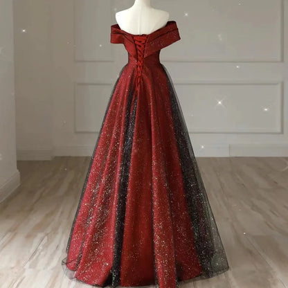 Elegant Crimson & Black Glitter Boat Neck Satin A-Line Evening Gown - Lovez Aqua© - 