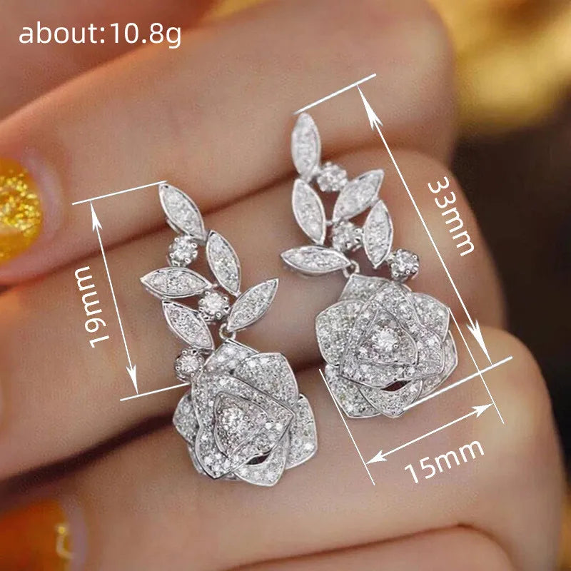925 Sterling Silver Rose & Leaves Cubic Zirconia Women's Floral Drop Earrings