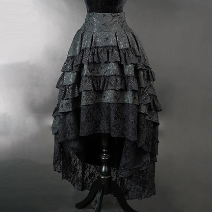 Victorian Gothic High-Low Women's Black Tiered Layered Jacquard Lace Corset Skirt