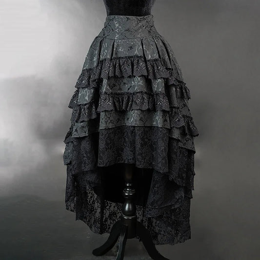 Victorian Gothic High-Low Women's Black Tiered Layered Jacquard Lace Corset Skirt