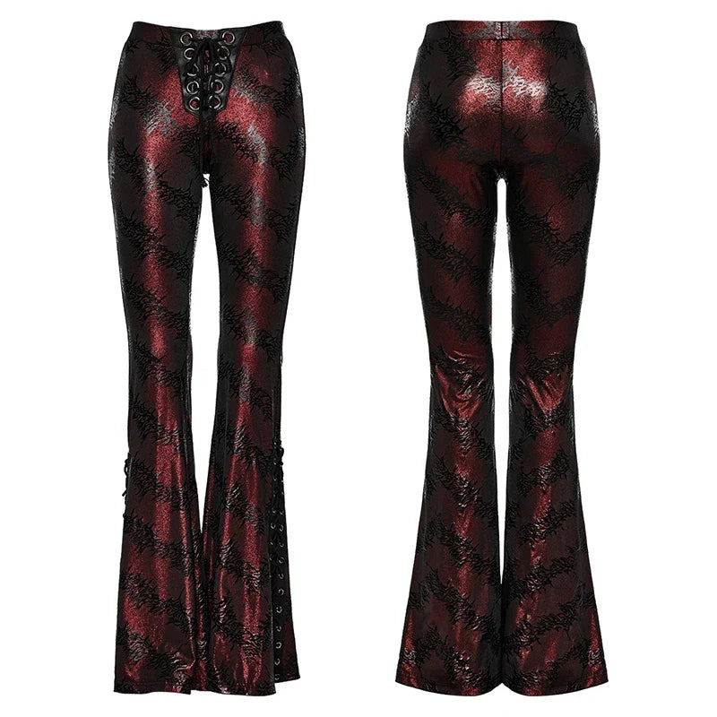Women's Dark Red & Black Gothic Floral Jacquard Embroidered Metallic Lace-Up Flared  Pants