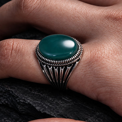 Men’s 925 Sterling Silver Natural Agate Signet Ring | Vintage Oval Cabochon