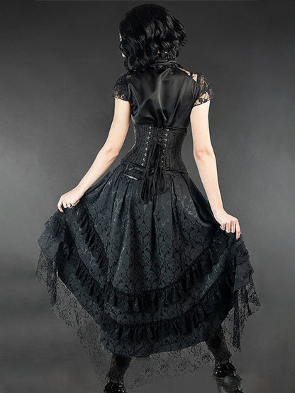 Victorian Gothic High-Low Women's Black Tiered Layered Jacquard Lace Corset Skirt