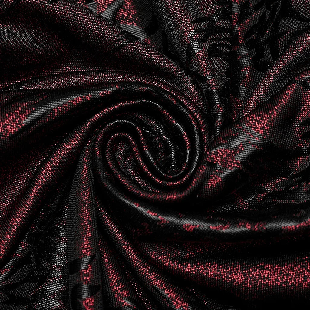 Women's Dark Red & Black Gothic Floral Jacquard Embroidered Metallic Lace-Up Flared  Pants