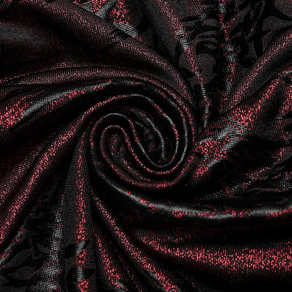 Women's Dark Red & Black Gothic Floral Jacquard Embroidered Metallic Lace-Up Flared  Pants