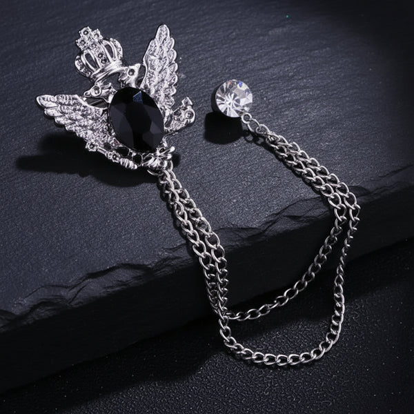 Regal Crowned Double Hawk Fringed Chain Lapel Brooch Pin with Rhinestones - Lovez Aqua© - Black 2