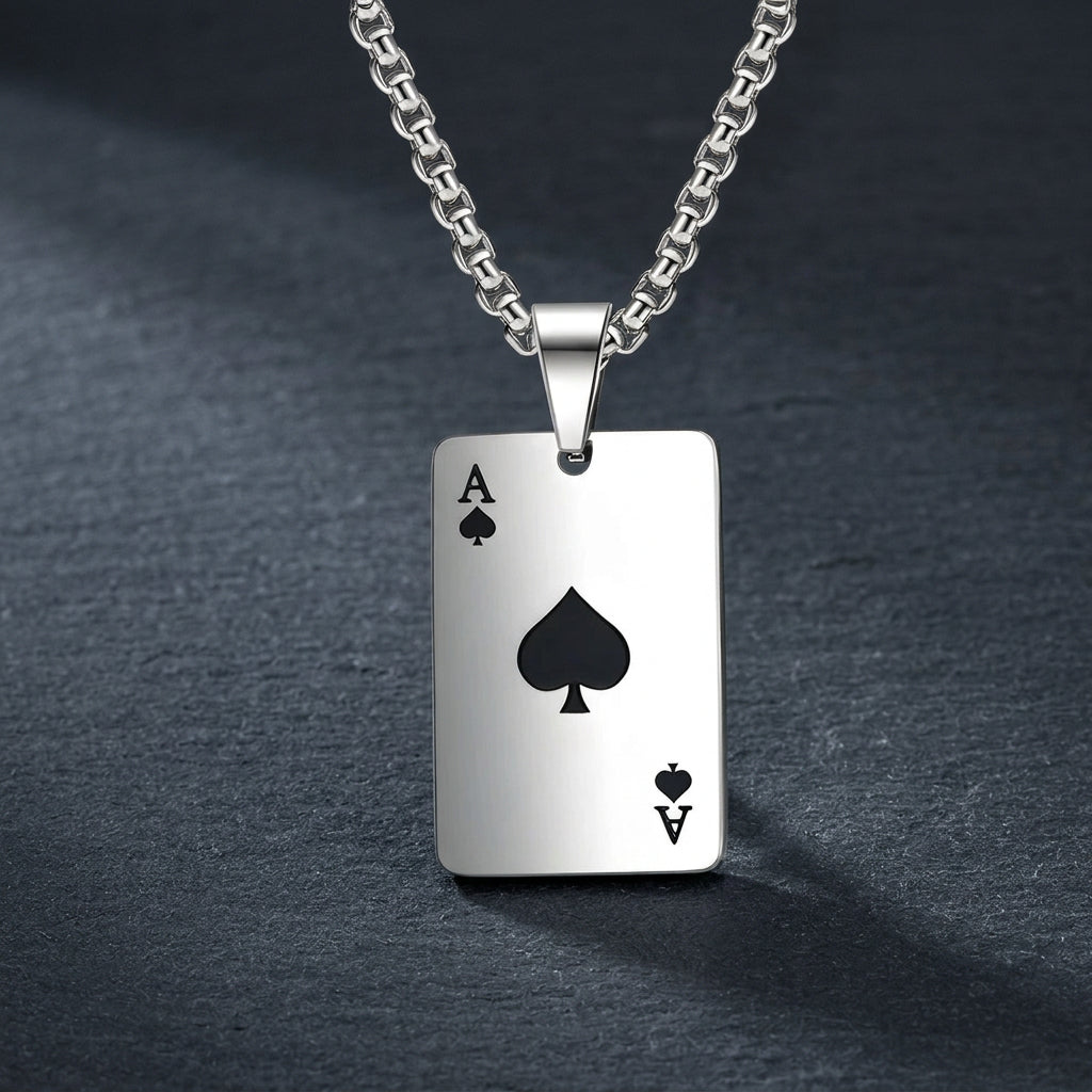 Men’s Silver Ace of Spades or Hearts Playing Card Pendant Necklace | Poker Jewelry